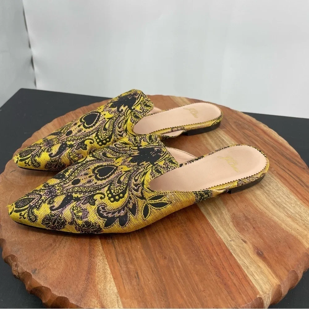 J Crew marina slides, brocade marigold yellow black Women‎ 7.5 K0037